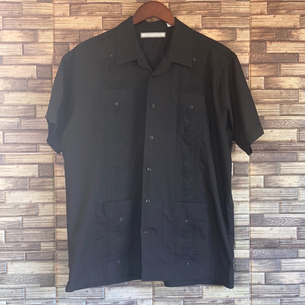 Vintage Monte Carlo Shirt Large Black Button Up Short Sleeve